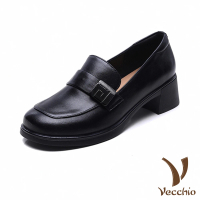 【Vecchio】真皮樂福鞋 方頭樂福鞋/全真皮小羊皮寬楦方頭粗跟便鞋 樂福鞋(黑)