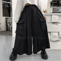 Japanese Wide Leg Pants Men Samurai Costume Streetwear Black Joggers Vintage Haori Plus Size Harem Trousers Hip Hop Clothes