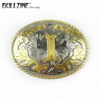 The Bullzine western flower with letter "I" belt buckle with silver and gold finish FP-03702-I for 4cm width snap on belt