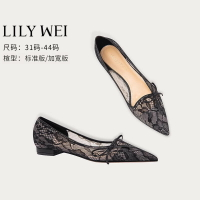 LilyWei【絲音】法式蕾絲性感單鞋尖頭平底鞋通勤輕熟風大女41-43