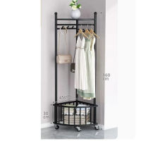 多功能晾衣架 衣帽架 簡約掛衣櫃 曬衣架 【轉角衣帽架-置物籃-經典黑-帶輪子】