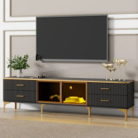 Stylish LED TV Stand with Marble-veined Table Top, Entertainment Center with Brown Glass Storage Cabinet, Golden Legs &amp; Handles