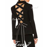 Tesco New Fashion Backless Lace Design Suit Blazer For Women Evening Wear Black Slim Fit Jacket With Bow For Prom Party