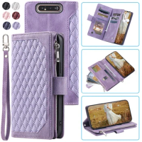Fashion Zipper Wallet Case For Samsung Galaxy A80 Flip Cover Multi Card Slots Cover Phone Case Card Slot Folio with Wrist Strap