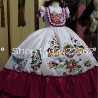 Mexican Charro Mini Quinceanera Dresses White Grape Stain Embroidery Vestidocharra Infant Flower Girls Dress