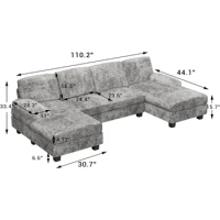 Convertible Sectional Sofa Couch,4 U-Shaped Fabric Modular Sleeper with Double Chaise Memory Foam