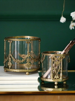 費靈家居歐式復古雕花黃銅玻璃收納桶化妝刷筆筒桌面輕奢擺件進口