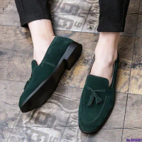 Luxury Fashion Suede Green Tassel Men's Loafers Casual Dress Shoes For Nightclub Party Monk Strap Men Shoes Large Size 38-47