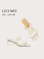 Lily Wei拖鞋女夏外穿2024新款水晶粗跟涼拖網紅一腳蹬少女高跟鞋