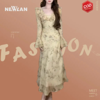Newlan QZ217 Fairy Floral Dress Korea Style Princess Dress Pantai Vintage Holiday Sweet Casual Midi