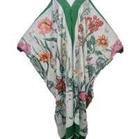 Thailand 2021 Sexy V-Neck Printed Silk kaftan Maxi Dresses For Lady Dashiki African Muslim Women Abaya Long Dress