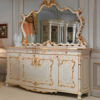 European luxury restaurant furniture solid wood carved champagne gold table side cabinet table side mirror combination