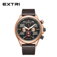 Extri Branded Rose gold Case Unique Dial Top Quality Leather Waterproof PVD Plating Fashion Men Quartz Wristwatch Sport Watch