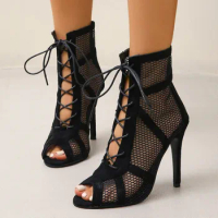 Dance Shoes Black Women's High Top Ballroom Boots Salsa Tango Shoes Girl Fashion Party Mesh Cutout High Heel Sandals Summer