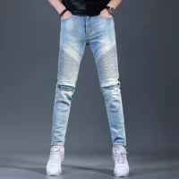 Men's Light Summer Blue Biker Jeans Fashion Slim Fit Denim Pants