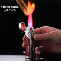 HONEST Four-head Gas Lighter Metal Cigar Cutter Butane Jet Turbo Torch Lighter Cigar Accessories Men's Gift Gadgets