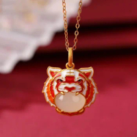 Creative New in Natural Hotan Jade Pink Enamel Tiger Pendant Ancient gold craft necklaces for women Exquisite jewelry