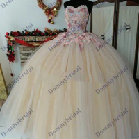 Romantic Champagne Tulle Pink Flower Patterned Sweetheart Ball Gown Quinceanera Dress Cocktail Charro Mexican Prom Party 15