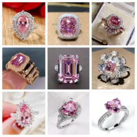 Style Pink Sparkling Zircon Princess Square Engagement Ring for Ladies and Girlfriends Luxury Proposal Gift Fashion Jewelry