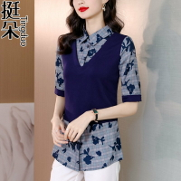 民族風大碼上衣女夏裝2022新款 媽媽雪紡襯衫中長款假兩件t恤短袖