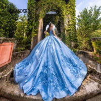 Blue V Neck Princess Mexican Quinceanera Dress 2024 Flower Ball Gown Prom Sweet 15 16 Years Old Miss XV Birthday Pageant Dress