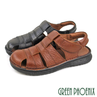 GREEN PHOENIX 波兒德 男 涼鞋 護趾 全真皮 牛皮 厚底 沾黏式 台灣製(咖啡、黑色)