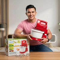 Mixer brand Philips HR1559 dengan Daya 170W, 5 Kecepatan, dan Fungsi Turbo merah