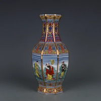 Qianlong Pastel Eight Immortals Figure Octagonal Vase Jingdezhen Antique Porcelain Vase Home Chinese Ornaments