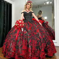 Black Sweet 16 Quinceanera Dresses Red Applique Beaded Sweetheart Organza Pageant Dress Mexican Girl Birthday Gown