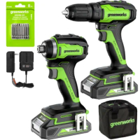 Greenworks 24V Brushless and Cordless Electric Drill Impact Driver Combination Kit Electric Screwdriver with (2) 2.0Ah batteries