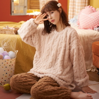 睡衣女士冬季韓國純色簡約ins毛絨舒適保暖加厚珊瑚絨家居服套裝
