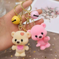 Cute Fiocking Teddy Bear Plush Small Pendant Rubber Key Chain Kids Toys Cartoon Stuffed Animal Creative Birthday Christmas Gifts