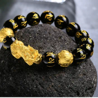 Buddhism Feng Shui Obsidian Stone Beads Bracelet Men Women Unisex Brave Troops Wristband Gold Black Pixiu Wealth Lucky Bracelets