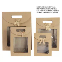 2pcs Kraft Paper Bags With Clear Window Christmas Gift Bags With Handle Bow Cookie Packaging Bags Wedding Party Favor Boxes