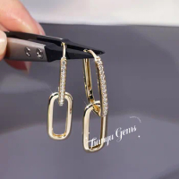Tianyu Gems 14k Link Chain Dangle Drop Earrings For Women 1.3mm Round DE Moissanite Diamond 10K Yellow Gold Wedding Clip Earring