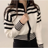Lovito Women Casual Striped Colorblock Zipper Sweater