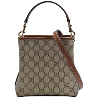 GUCCI 經典Emblem系列GG Monogram印花帆布多夾層手提/斜背水桶包(棕色)
