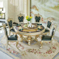 European marble dining table, American villa restaurant, round table with turntable, all solid wood 