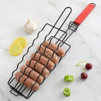 1pc Removable Hot Dog Grill With Wooden Handle Sausage Grill Cage Grill Basket Grill Accessories Portable Outdoor BBQ Rack