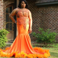 Exquisite Orange Cocktail Dresses 2024 Sexy Diamonds Glitter Sequins Decoration Evening Feather Gowns Gowns Formal Dresses