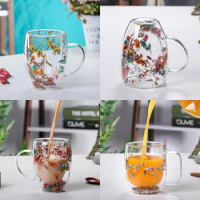 Creative Double Wall Glass Cup With Dry Flower Sea Snail Conch Glitter Filling For Coffee Juice Milk Lovely Children Day Gift
