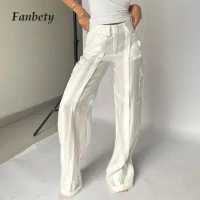 Chic Design Multi-pocket Wide-leg Pants 2024 Women Glossy Silk Cargo Pants Y2K All-match Solid Color Disco Trousers Streetwear