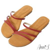 (季末換季出清)Ann’S水洗牛皮-鹽系女孩三條鞋帶平底涼拖鞋-紅