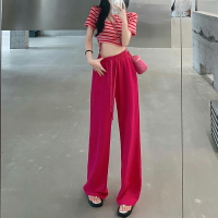 網紅炸街套裝女夏季辣妹條紋短袖T恤+火龍果色闊腿褲小個子兩件套