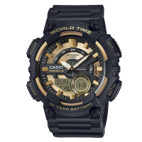 CASIO 悍將世界城市玩家雙顯運動錶(AEQ-110BW-9A)-黑X金面/46.6mm / 考試錶
