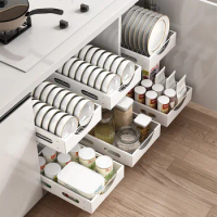 Kitchen Dish Rack Kitchen Cabinet Built-in Pull-out Dish Separated Storage Rack Household Drawer Tableware Cup Holder