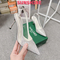 Giày cao gót lấp lánh mũi nhọn hở gót sang chảnh, sandal cao gót nữ đính kim tuyến bling bling Sunsh