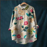 Summer 2024 Women's Vintage Fish Sardines Art Print Casual Cotton And Linen Shirt