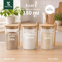 TAMA LIVING Kuri 350ml Putih Toples Kaca Tutup Kayu Dengan Sendok Tempat Wadah Botol Bumbu Dapur Alm
