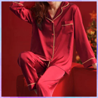 New Year Christmas Red Couple Pajamas Set Rayon Silk Pajamas For Women Men Satin Pajama Girl Sleepwear Sets Button Nightwear Pjs